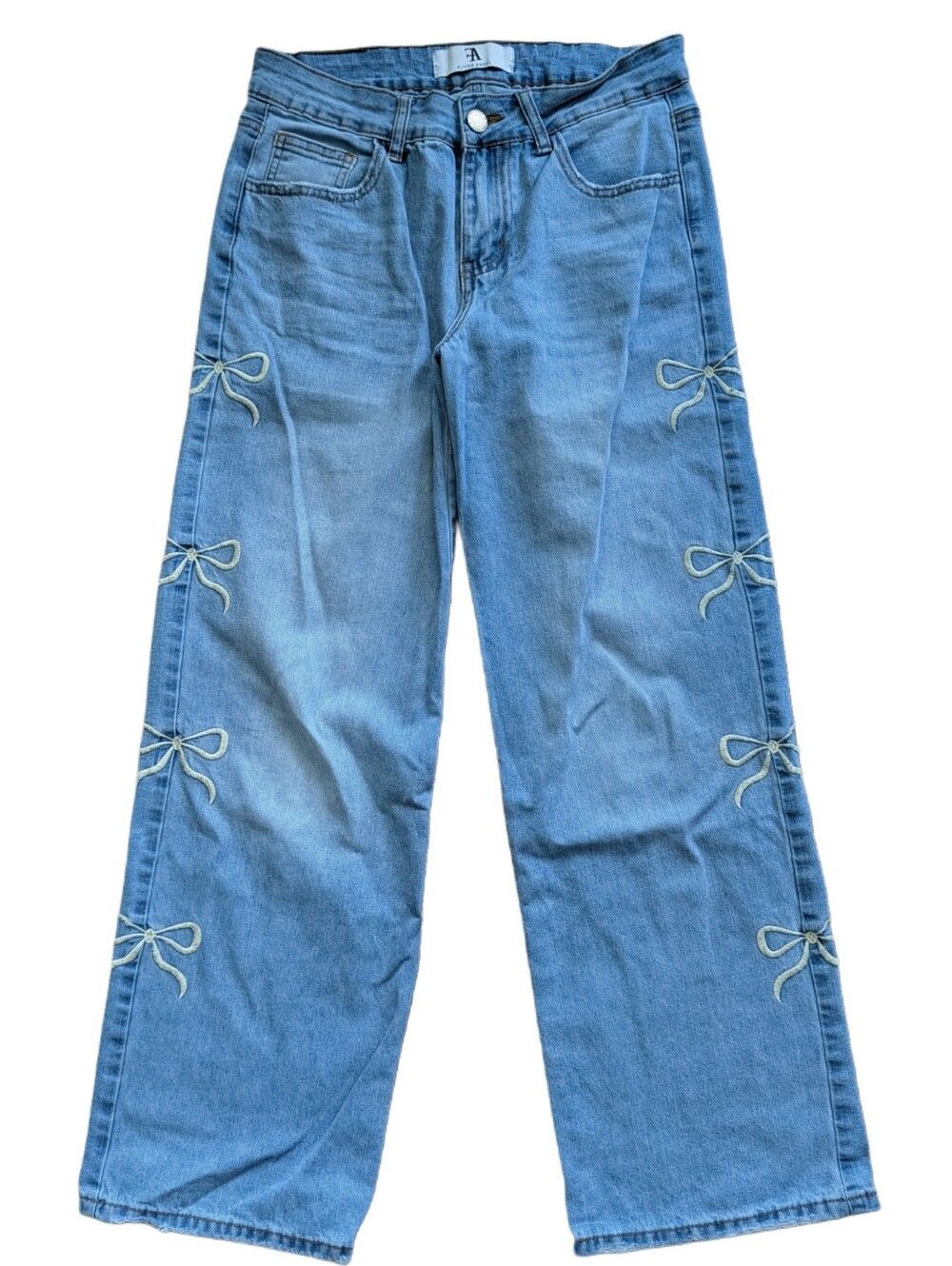 Flying Angel Women Y2K Blue Wide Leg Bow Embroidery Design Denim Jeans Size 7/28